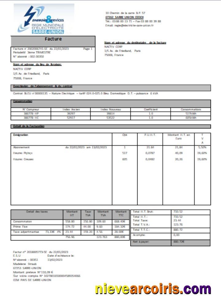 Energies & Services Regie Municipal d Electricite Sarre-Union electricity utility business bill